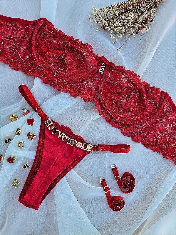 CONJUNTO PERSONALIZAVEL TOMARA QUE CAIA EM RENDA VERMELHO