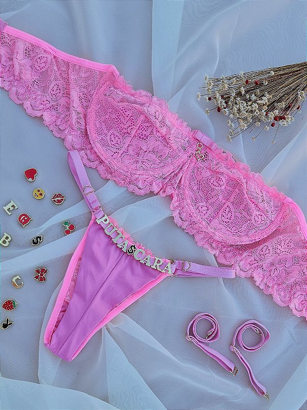 CONJUNTO PERSONALIZAVEL TOMARA QUE CAIA EM RENDA ROSA PANTERA