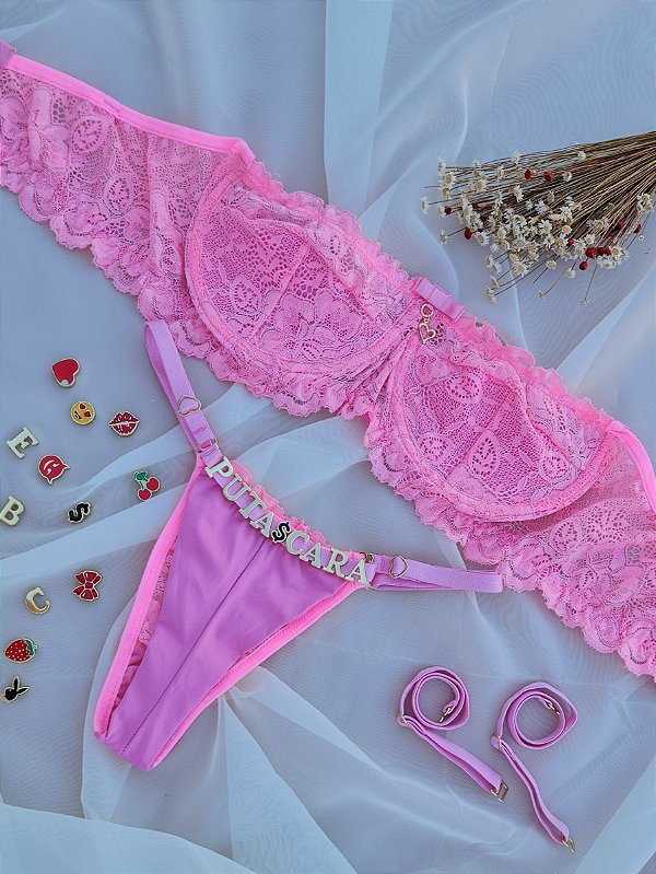 CONJUNTO PERSONALIZAVEL TOMARA QUE CAIA EM RENDA ROSA PANTERA