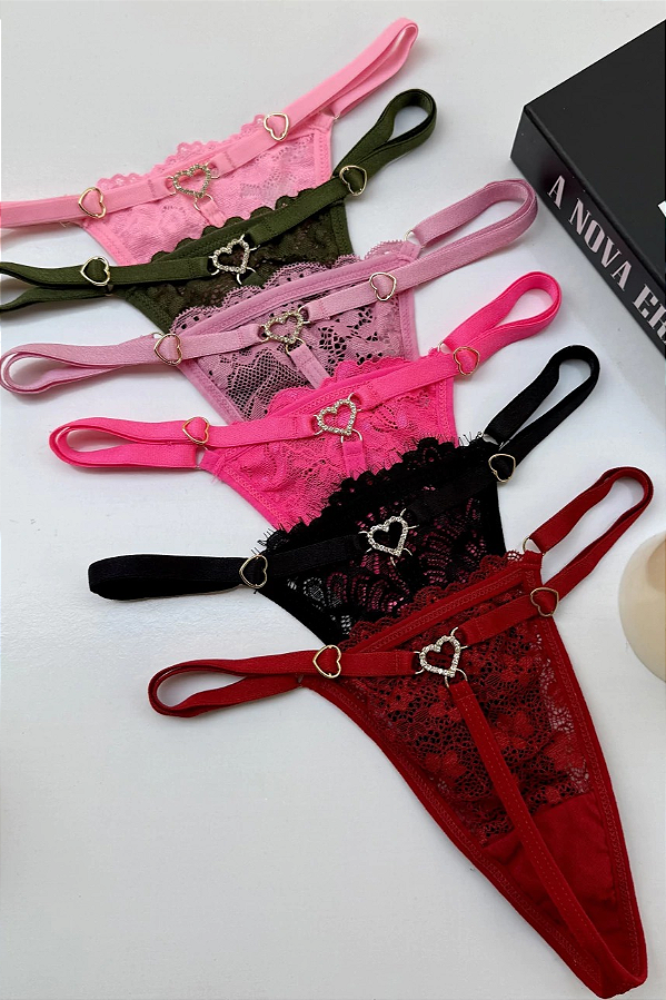 CALCINHA FIO EM RENDA CORAÇÃO CRAVEJADO