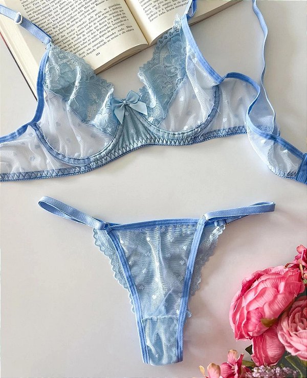 CONJUNTO PERSONALIZAVEL EM TULE COM CORAÇÃO E RENDA JADE AZUL MISTICO