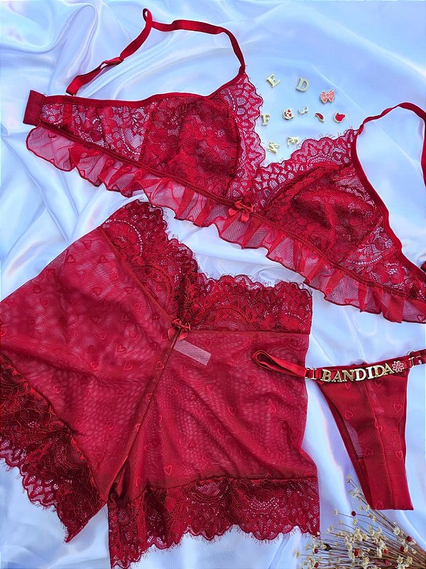PIJAMA TRIO ENCANTO - SHORT, SUTIÂ E FIO PERSONALIZAVEL VERMELHO