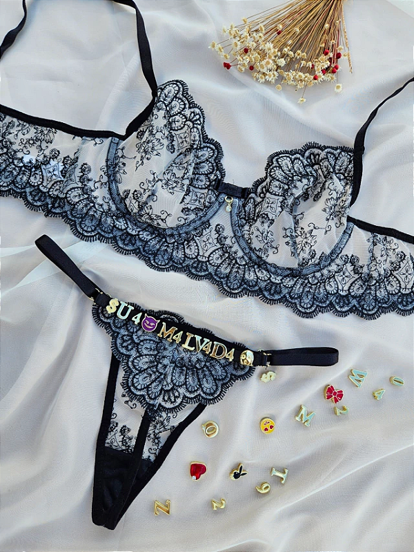 CONJUNTO PERSONALIZAVEL EM TULE CHINES PRETO ILUSION