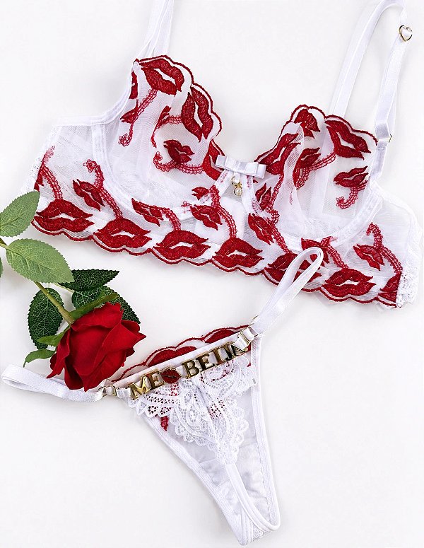CONJUNTO PERSONALIZAVEL BOCA A BOCA BRANCO COM VERMELHO