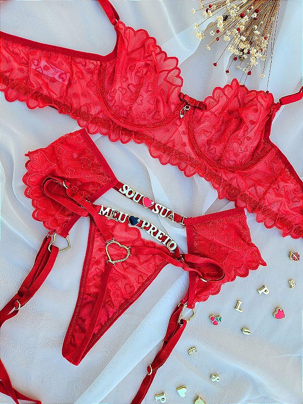 CONJUNTO PERSONALIZAVEL JOGADA DE MESTRE TULE FINO CORAÇÃO VERMELHO