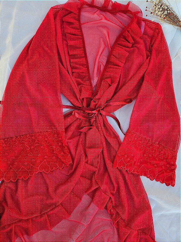 ROBE LUXO DOIS AMORES TULE FINO COM CORAÇÃO VERMELHO