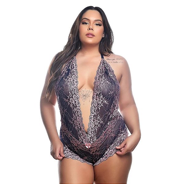 BODY EM RENDA BICOLOR MARINHO COM ROSE PLUS SIZE