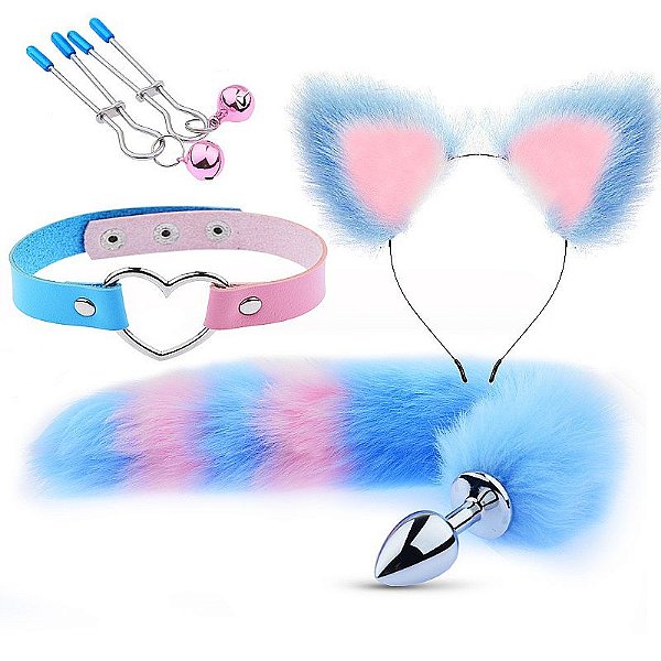 KIT RAPOSA COM PLUG CAUDA E TIARA COM ORELHAS AZUL E ROSA