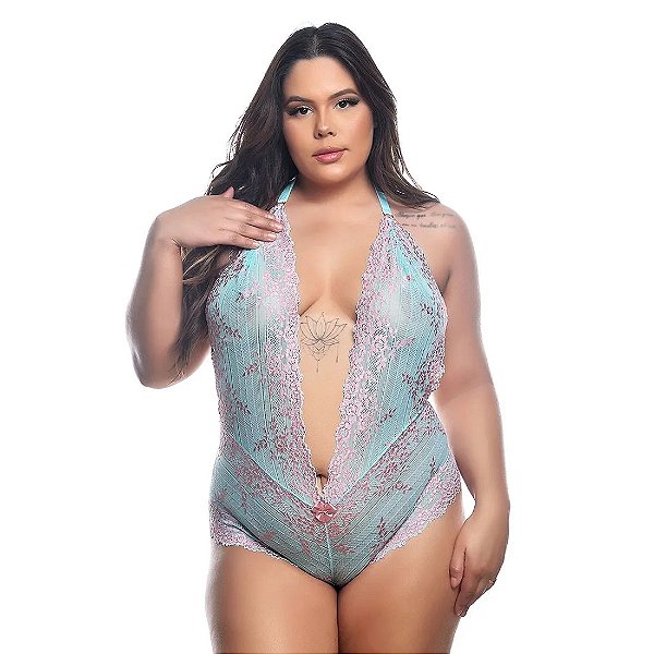 BODY EM RENDA BICOLOR VERDE AGUA COM ROSA CLARO PLUS SIZE