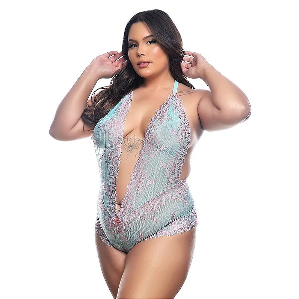 BODY EM RENDA BICOLOR VERDE AGUA COM ROSA CLARO PLUS SIZE