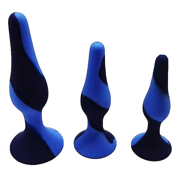 KIT COM 3 PLUG ANAL EM SILICONE MESCLADO AZUL