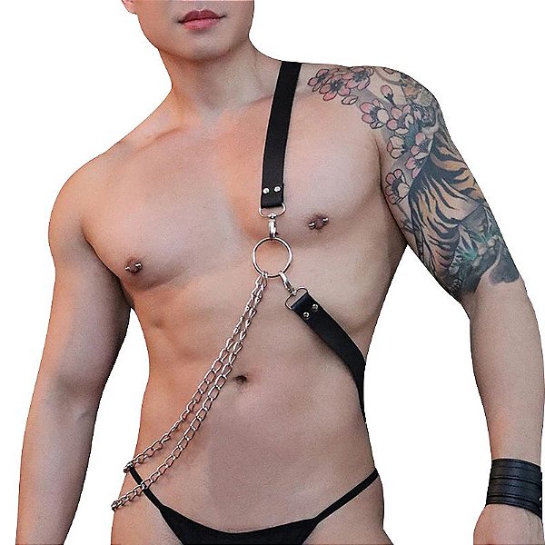 HARNESS MASCULINO EM COURO COM CORRENTE SI