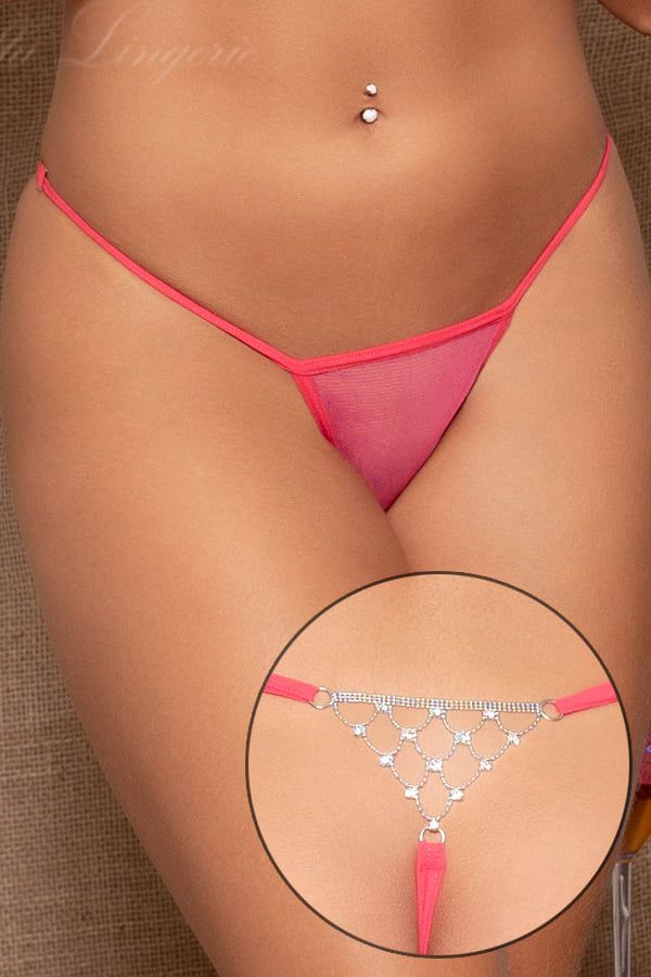 CALCINHA EM TULE FIO DENTAL COM STRASS EM REDE YAFFA