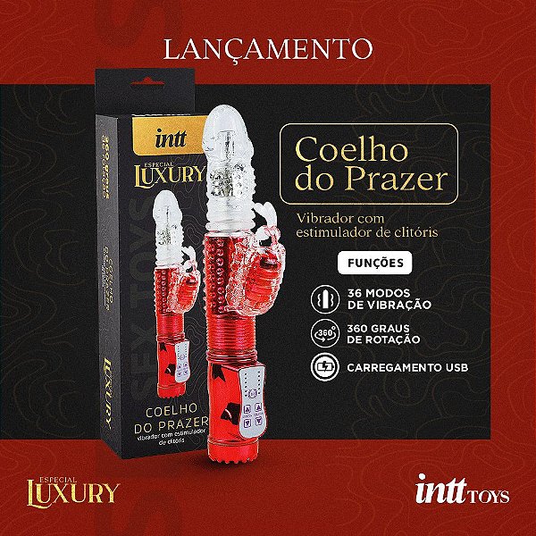 VIBRADOR COELHO DO PRAZER ROTATIVO VERMELHO LUXURY VAI E VEM RECARREGÁVEL COM 36 VIBRAÇÕES INTT