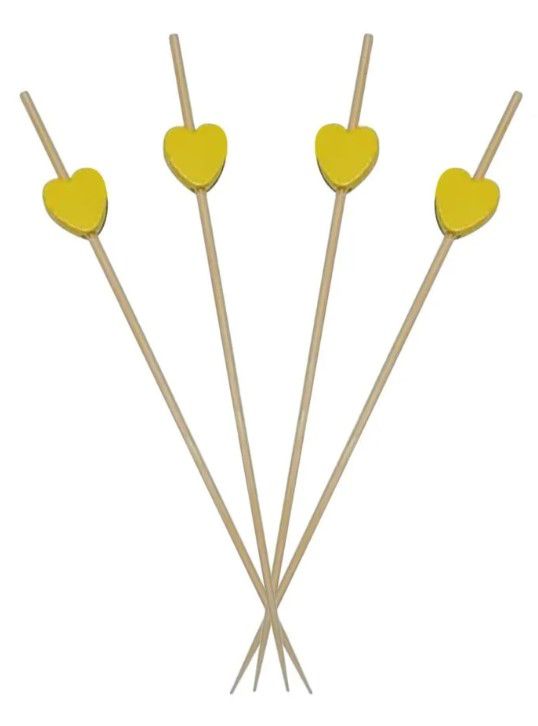 Espeto Palito Coração Amarelo Decoração Petiscos Festa Buffet 100 Un