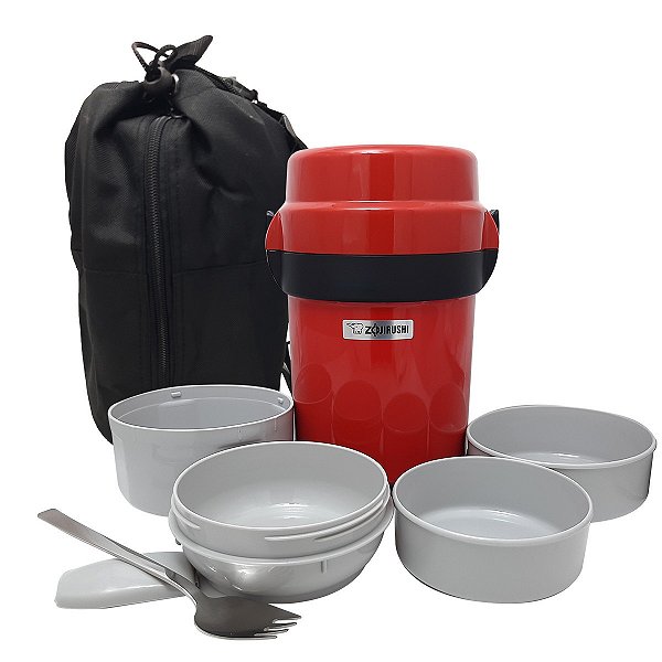 Marmita Térmica Zojirushi Vermelha Talher Bolsa 4Potes Japão