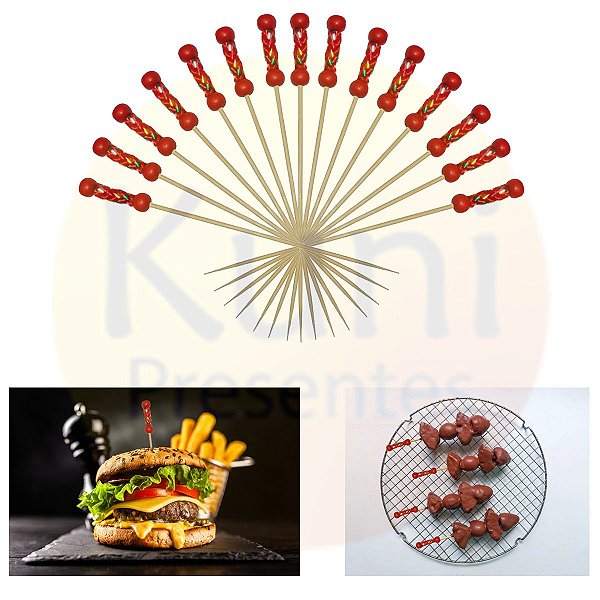 Kit 1.000 Espeto Palito Trançado Vermelho Bambu 12 cm Decoração  Festa Buffet Evento Festival Comemoração