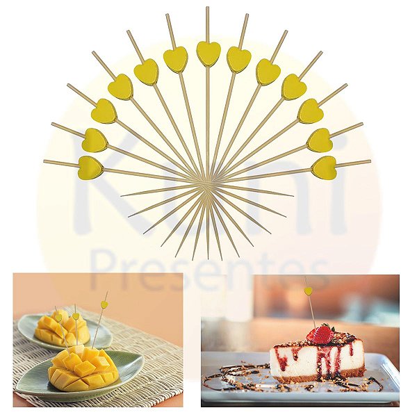 Kit 1.000 Espeto Palito Coração Amarelo Bambu 12 cm Decoração  Festa Buffet Evento Festival Comemoração