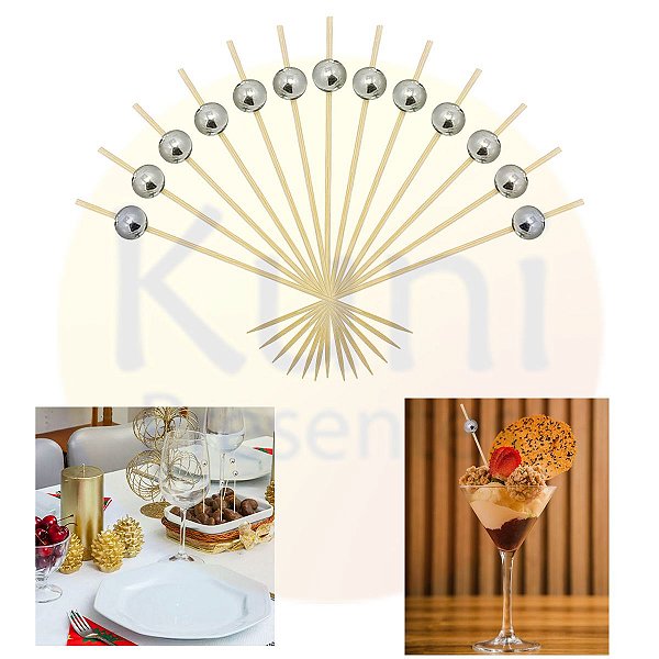 Kit 1.000 Espeto Palito Bolinha Prata Bambu 12 cm Decoração  Festa Buffet Evento Festival Comemoração