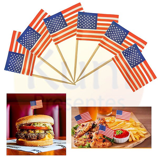Kit 1.000 Espeto Palito Bandeira Estados Unidos Bambu 6,5 cm  Festa Buffet Evento Festival Comemoração