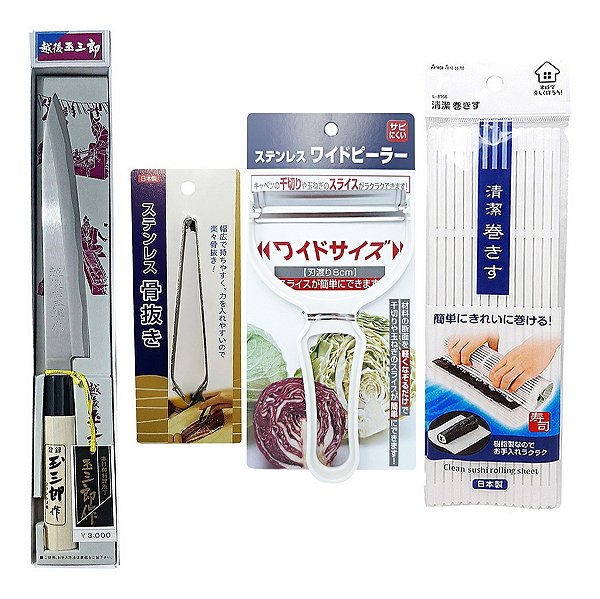 Kit 4 Utensilios Oriental Faca Pinça Fatiador Esteira Sushi
