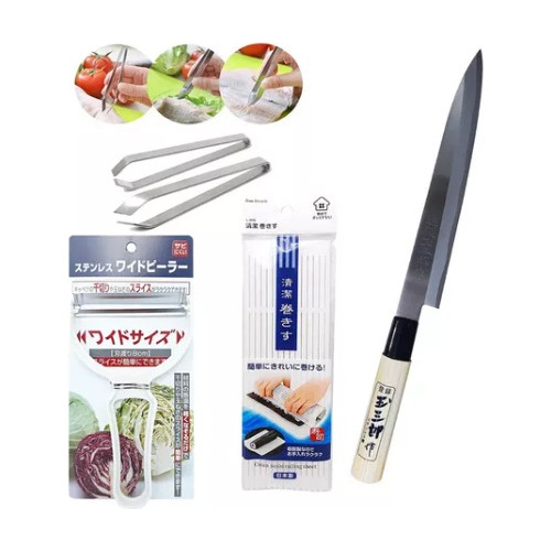 Kit Com 4 Itens 1faca 1pinça 1fatiador 1esteira Sushi Japão