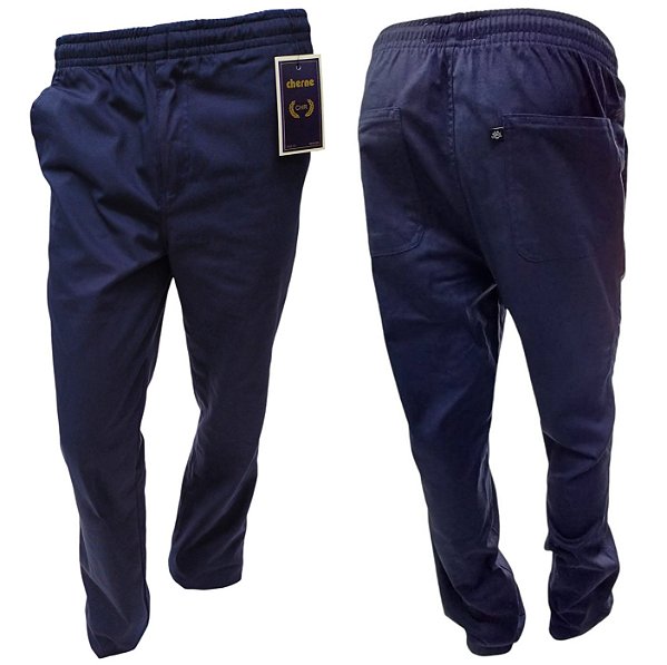 Calça Com Elástico Inteiro na Cintura - Com Zipper - Cherne - 100% Algodão - Ref. 88304 Marinho Sarja