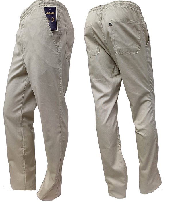 Calça Com Elástico Inteiro na Cintura - Com  Zipper - Cherne - 100% Algodão - Ref. 88304 Bege