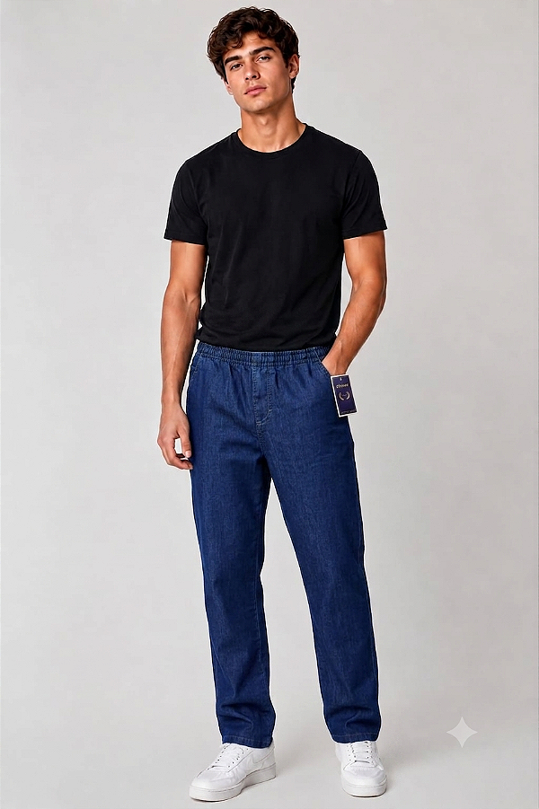 Calça Jeans De Elástico Inteiro na Cintura - Com Zipper - Cherne - Algodão / Poliester - Ref. 822916 Azul Escuro