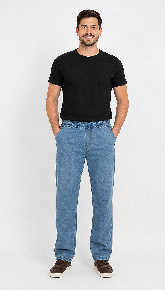 Calça Jeans De Elástico Inteiro na Cintura - Com Zipper - Cherne - Algodão / Poliester - Ref. 822916 Delave