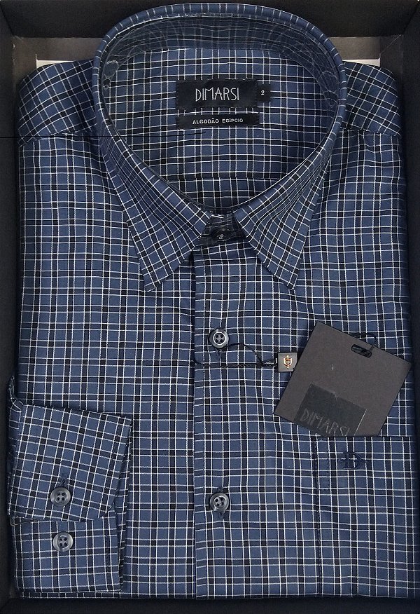 Camisa Dimarsi Tradicional Regular Fit - Com Bolso - Manga Longa - Algodão Egípcio - Ref 9308 Xadrez Azul