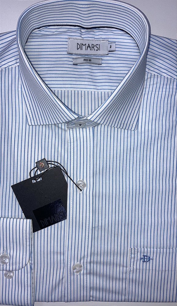 Camisa Dimarsi Tradicional Regular Fit - Com Bolso - Manga Longa - Algodão Fio 60 - Ref 9576 Azul Listrada