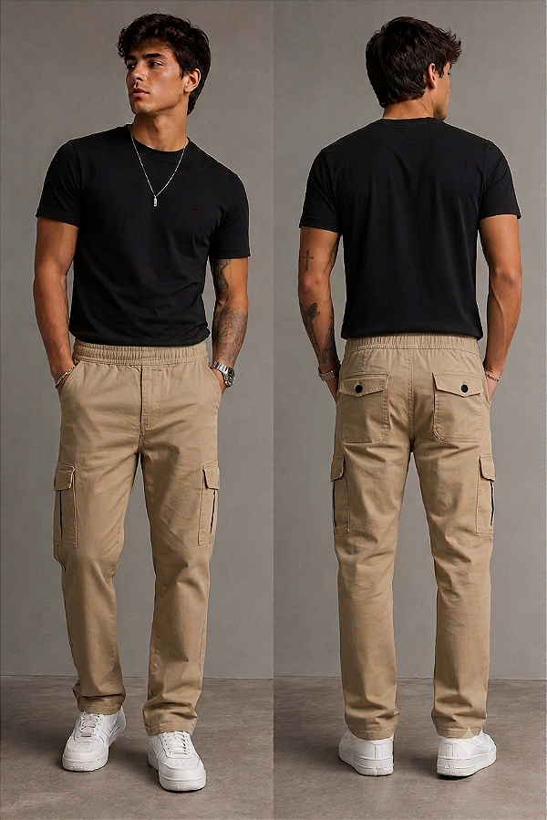 Calça de Elástico Great News - Com Zipper e Bolso lateral Cargo - 100% Algodão - Ref. 134 Caqui