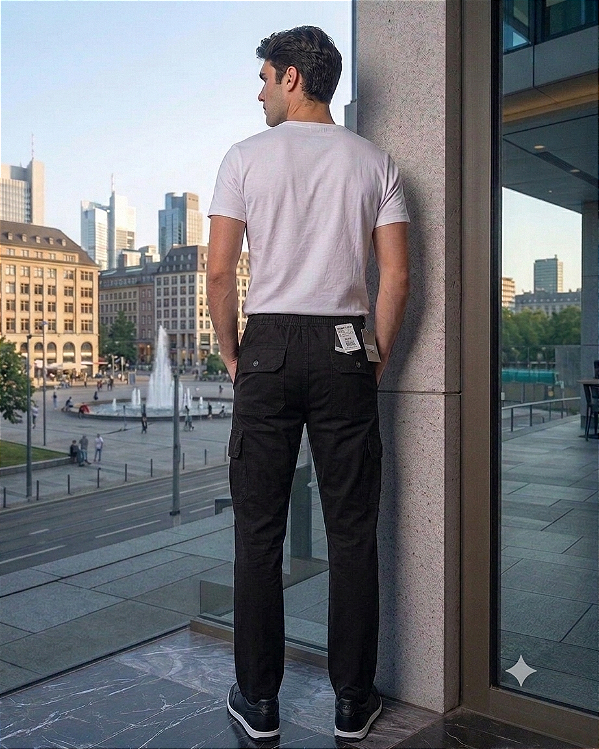 Calça de Elástico Great News - Com Zipper e Bolso lateral Cargo - 100% Algodão - Ref. 134 Preta