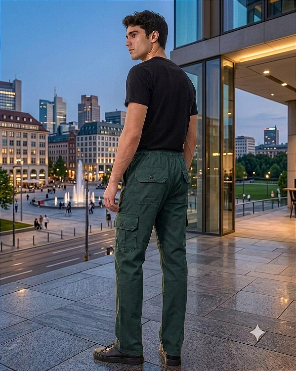 Calça de Elástico Great News - Com Zipper e Bolso lateral Cargo - 100% Algodão - Ref. 134 Verde