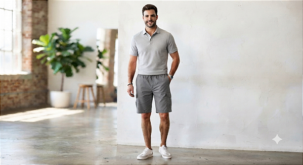 Bermuda de Elástico Great News - Com Zipper e Bolso lateral Cargo - 100% Algodão - Ref. 220 Cinza