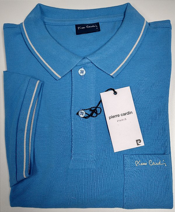 Camisa Polo Pierre Cardin - Com Bolso - Manga Curta Com Punho - Malha Piquet - 100% Algodão - Ref 47001 Azul