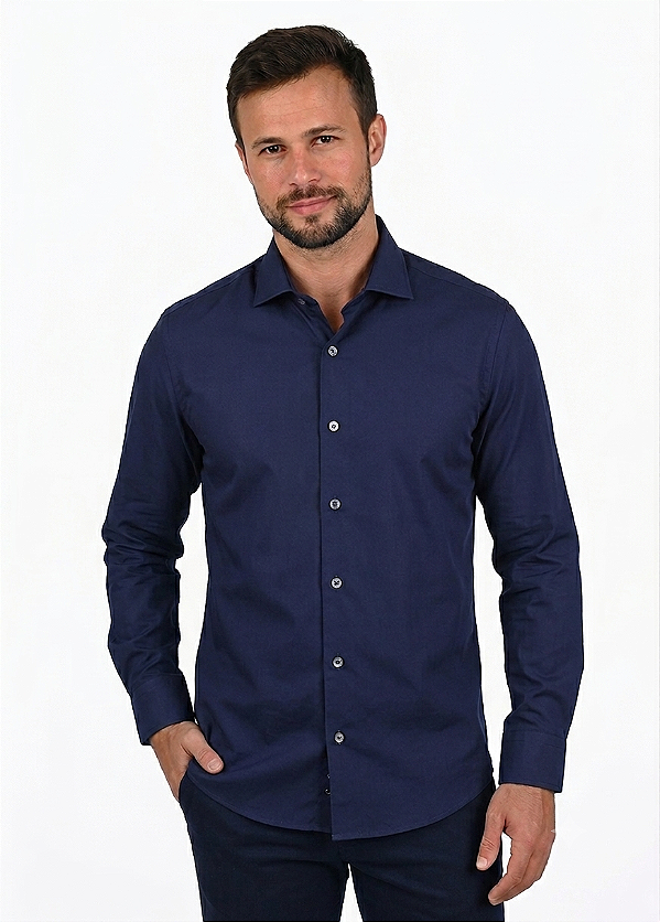 Camisa Social Roberto Negri Regular Fit - (Sem Bolso) - Manga Longa - Algodão Fio 100 - REF 1178 Marinho