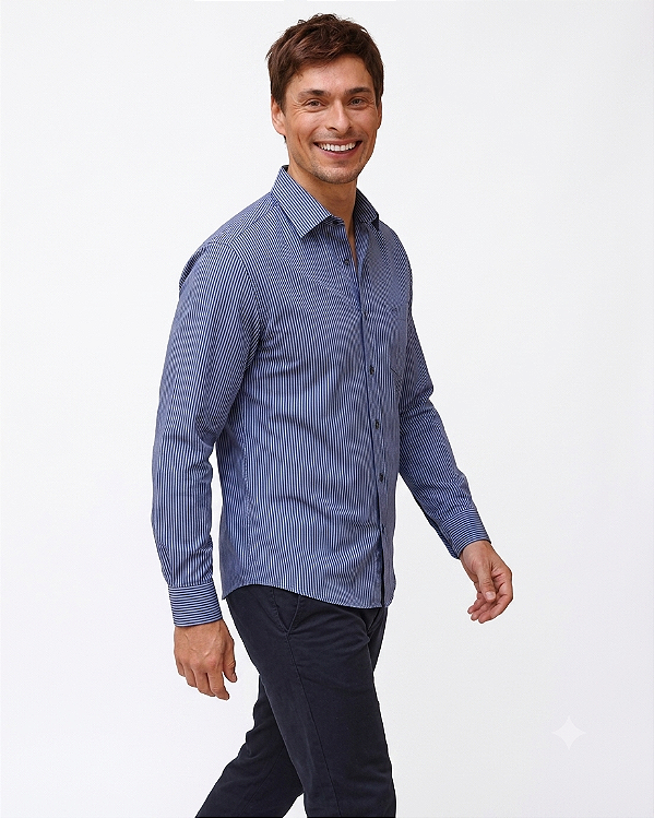 Camisa Social Dimarsi Tradicional Regular Fit - Com Bolso - Manga Longa - Algodão Egípcio - Ref 10210 Azul Listrada