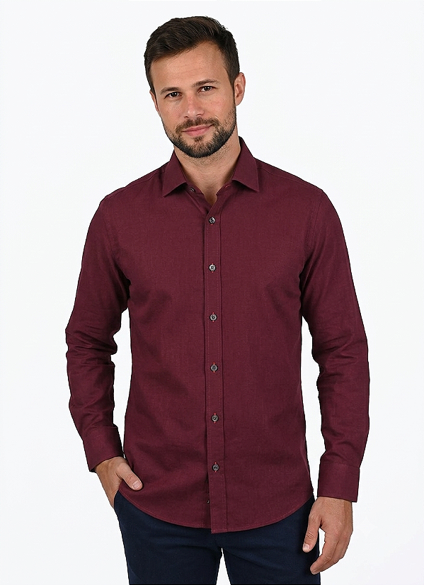 Camisa Social Roberto Negri Regular Fit - (Sem Bolso) - Manga Longa - 100% Algodão Fil a Fil - REF 1181 Vinho