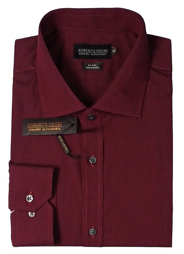 Camisa Social Roberto Negri Regular Fit - (Sem Bolso) - Manga Longa - 100% Algodão Fil a Fil - REF 1181 Vinho