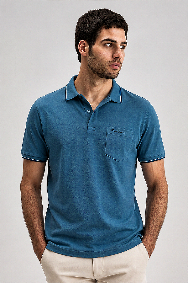 Camisa Polo Pierre Cardin Com Bolso - Manga Curta Com Punho - Malha Piquet - 100% Algodão - Ref 45530 Azul