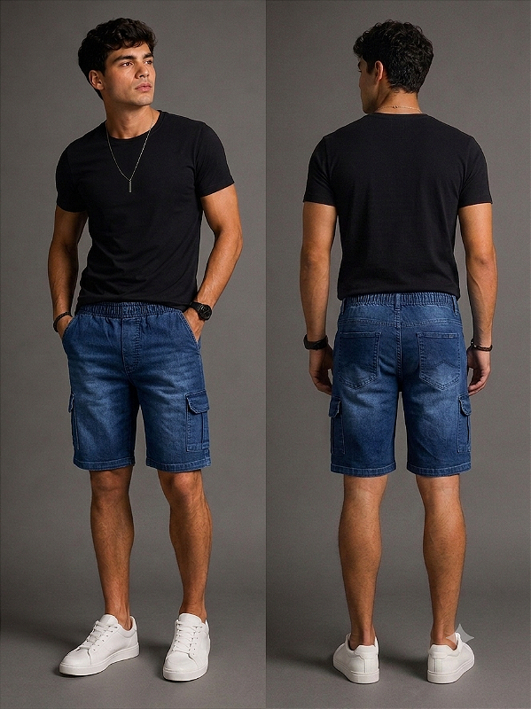 Bermuda Jeans Com Elástico Califórnia (SEM ZIPPER) - Com Bolso Lateral Cargo - Ref. 945