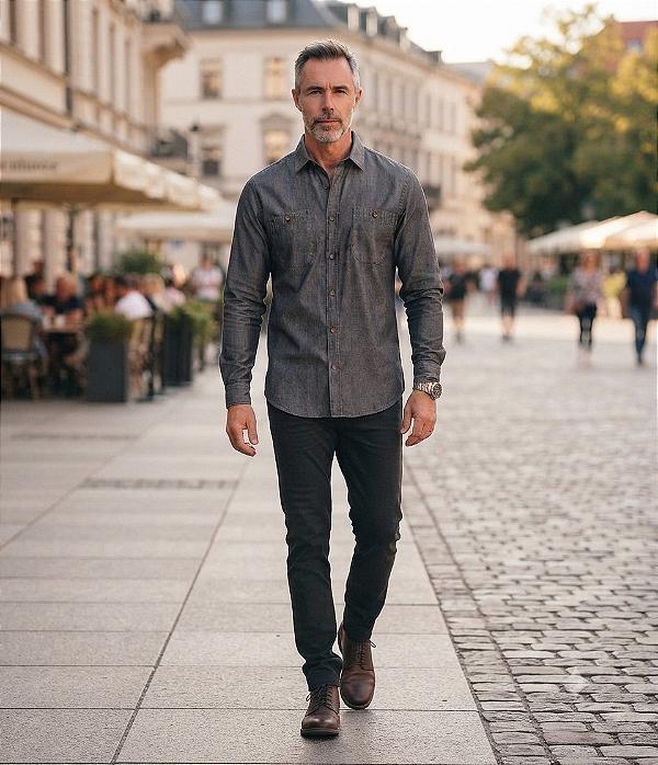 Camisa Dimarsi Manga Longa Regular Fit - Com 2 Bolsos - 100% Algodão - Ref. 9858 Grafite