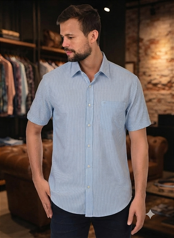 Camisa Dimarsi Tradicional Regular Fit - Com Bolso - Manga Curta - Algodão Egípcio - Ref 10435 Azul Listrada