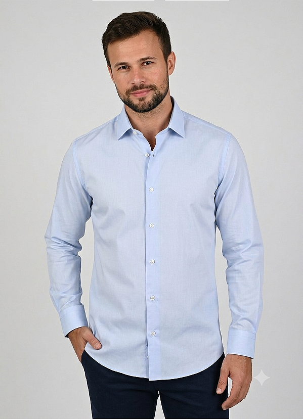 Camisa Social Roberto Negri Regular Fit - (Sem Bolso) - Manga Longa - Algodão Fio 80 - REF 1209 Azul