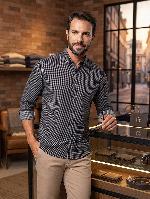 Camisa Social Dimarsi Tradicional Regular Fit - Botão No Colarinho - Com Bolso - Manga Longa - 100% Algodão - Ref 10190 Xadrez