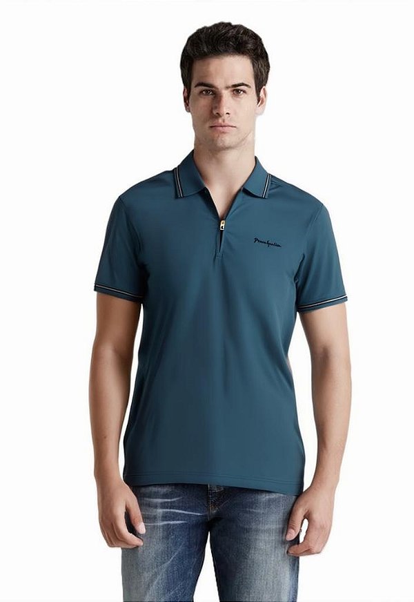 Camisa Polo Pierre Cardin Com Ziper - Manga Curta Com Punho - Malha Piquet - Ref 47750 Azul