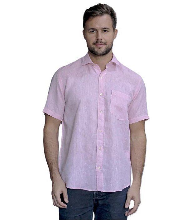 Camisa Dimarsi Tradicional Regular Fit - Com Bolso - Manga Curta - Puro Linho - Ref. 1159 Lilas