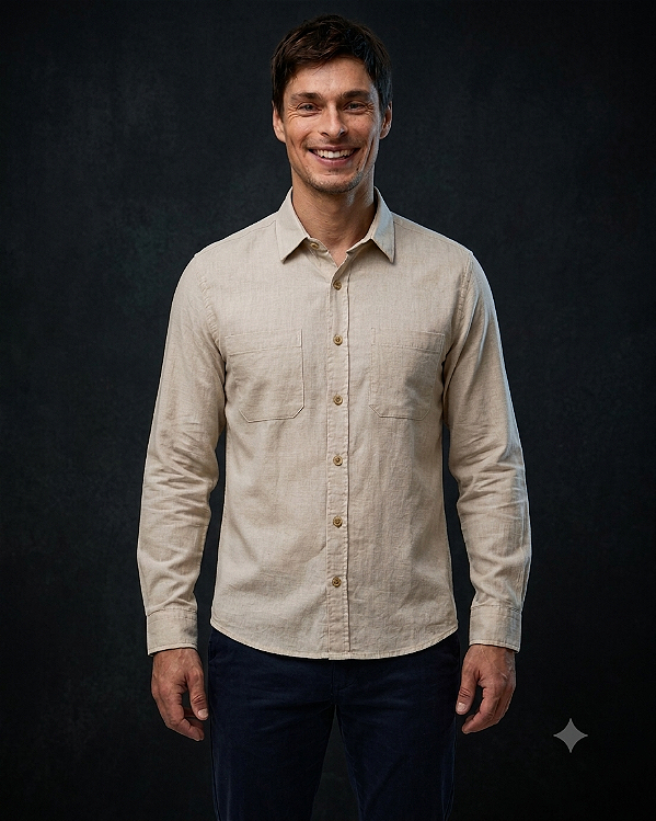 Camisa Dimarsi Manga Longa Regular Fit - Com 2 Bolsos - Puro Algodão - Ref 10718 Bege
